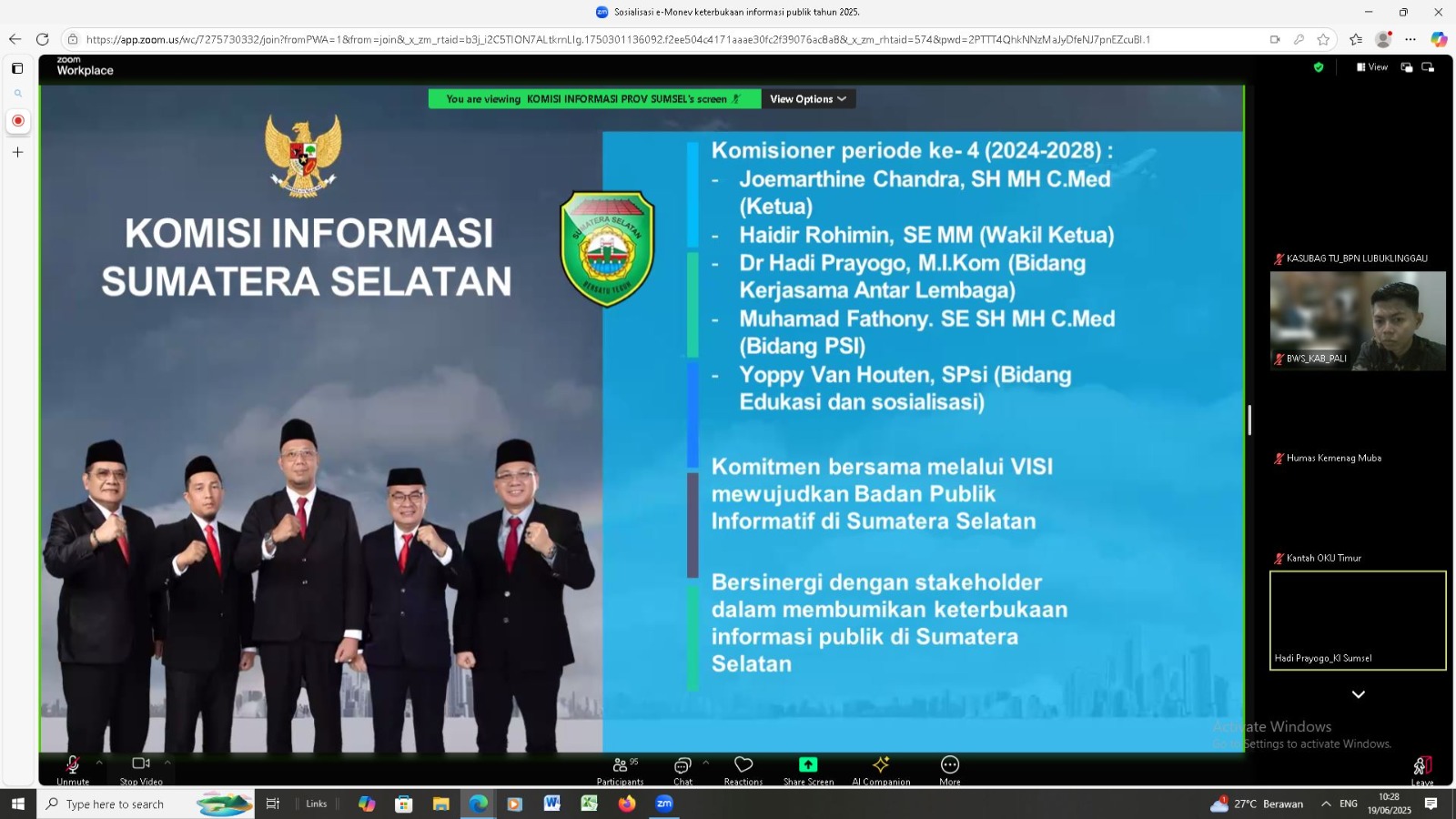 Bawaslu PALI Hadiri Sosialisasi E-Monev oleh Komisi Informasi Provinsi Sumatera Selatan 
