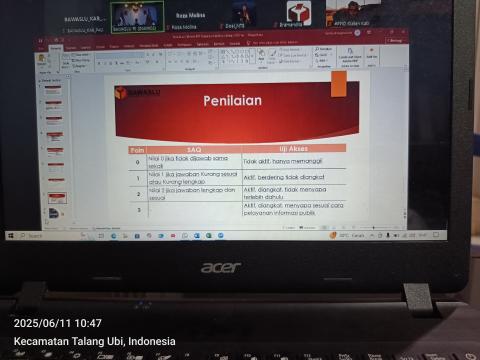 awaslu Lahat mengikuti Sosialisasi Monitoring dan Evaluasi (Monev) dan Bimbingan Teknis pengisian Self Assessment Questionnaire (SAQ) yang digelar secara Daring pada Rabu (11/06/2025)